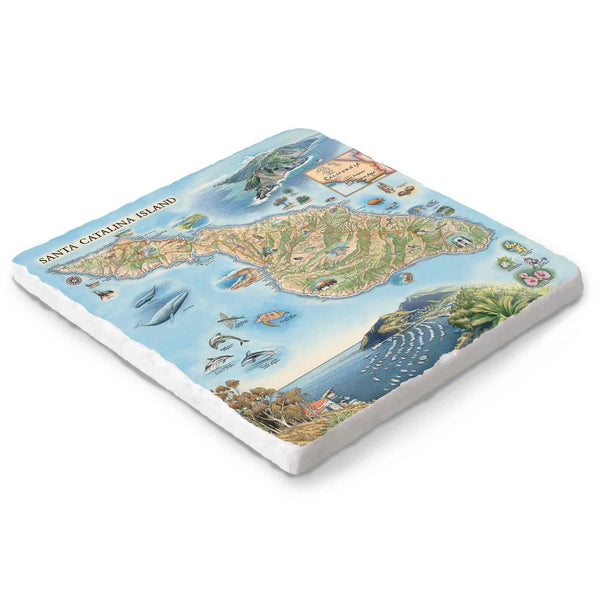 Santa Catalina Island hand-drawn marble trivet – Xplorer Maps 6x6.