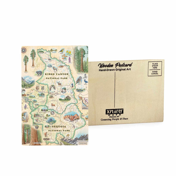 Sequoia & Kings Canyon National Parks map wooden postcard in earth tone blues and greens featuring hand-drawn illustrations of giant sequoias, Moro Rock, and native wildlife.