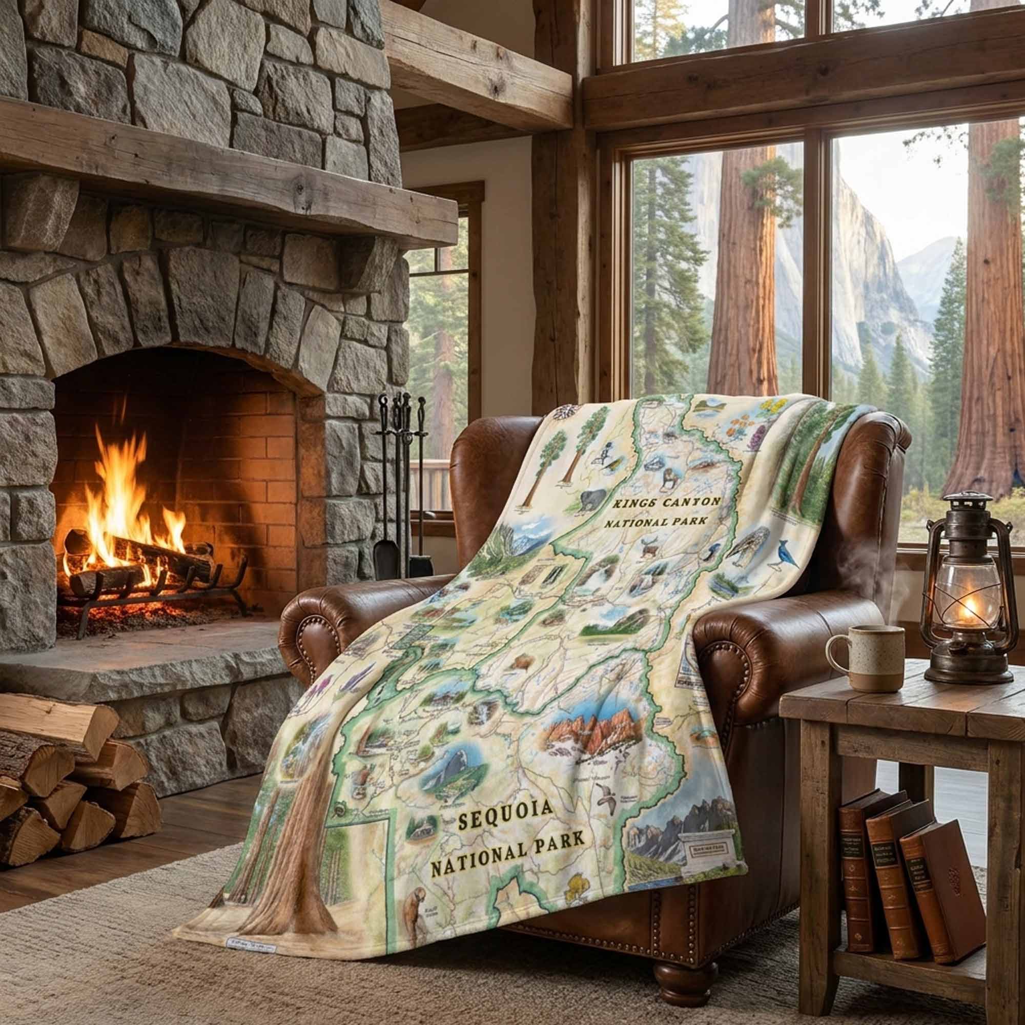 Cozy living room with a stone fireplace, leather chair, and scenic blanket.