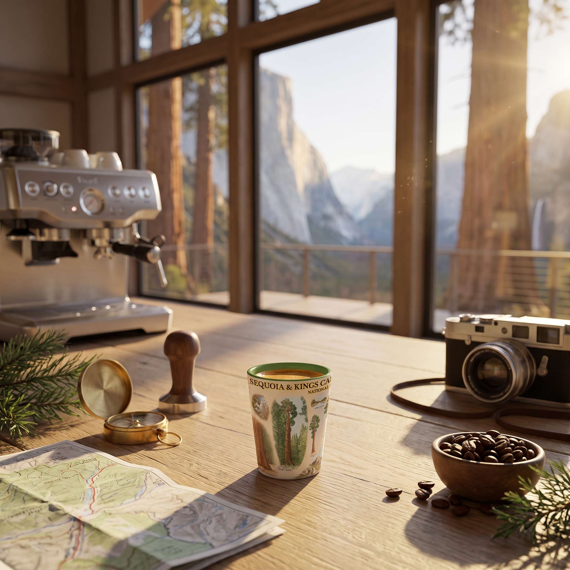 A styled coffee table scene in a rustic cabin with large windows overlooking a mountain landscape. On the table are a ceramic mug with a cactus print, coffee beans in a small bowl, a vintage camera, an espresso machine, a stamp, a map, and evergreen branches.