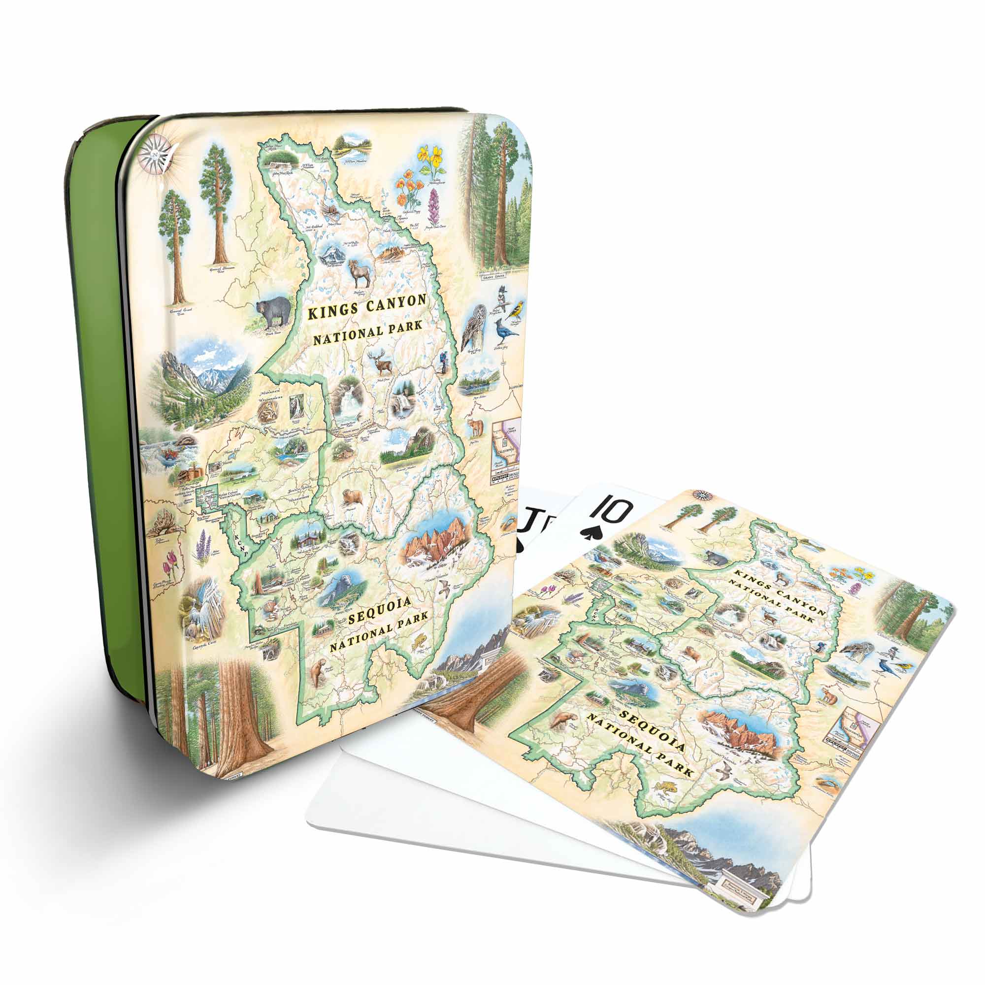 Sequoia and Kings canyon Nation Parks Map Playing cards that features iconic attractions, flora and fauna of that area - Green Metal Tin