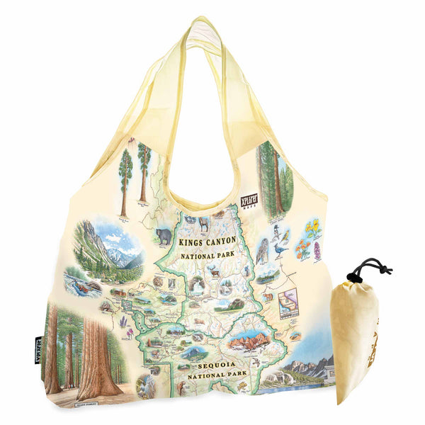 Sequoia & Kings Canyon National Parks Map Pouch Tote Bags by Xplorer Maps. The map features illustrations of the Giant Forest, Mount Whitney, and the John Muir Lodge. Flora and fauna include mule deer, red fox, Sierra Purple shooting star flowers, and California poppy.