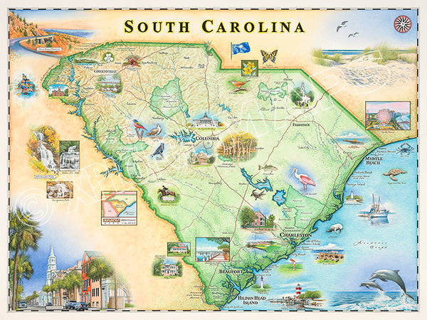 This hand-illustrated South Carolina map by Chris Robitaille features landmarks like Charleston, Myrtle Beach, Hilton Head Island, and Congaree National Park. Highlighting Columbia, Greenville, and more, this 24"x18" art print captures South Carolina's charm.