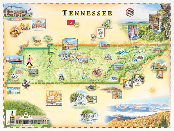 This hand-illustrated Tennessee map by Chris Robitaille features landmarks like the Great Smoky Mountains, Graceland, and Dollywood. Highlighting Nashville, Memphis, and more, this 24"x18" art print captures Tennessee's charm.