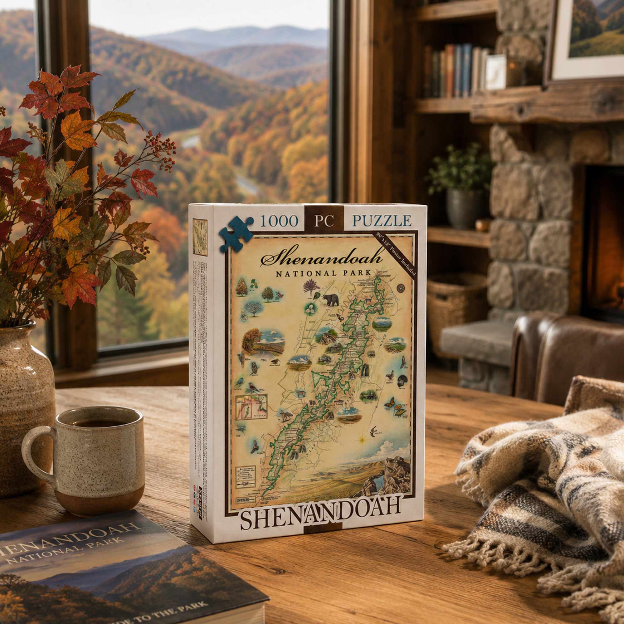 A 1000-piece jigsaw puzzle box titled 'Shenandoah National Park' stands on a wooden table in a cozy living room setting with a window showing autumn mountains, a mug, and a blanket nearby.