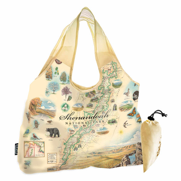 Shenandoah National Park Map Pouch Tote Bags by Xplorer Maps. The map includes illustrations of places such as Skyline Drive, Byrd Visitor Center, and Big Meadows Lodge. Flora and fauna include bobcats, wild turkeys, trillium flowers, and a dogwood tree.