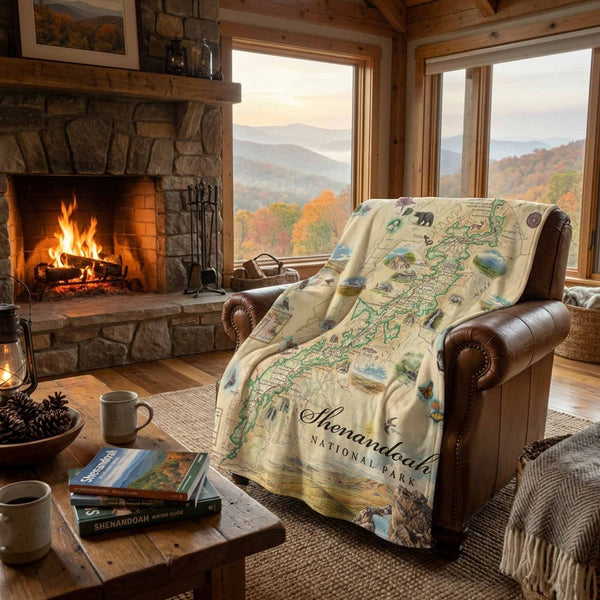 Cozy living room with a fireplace, map blanket, and scenic window view.
