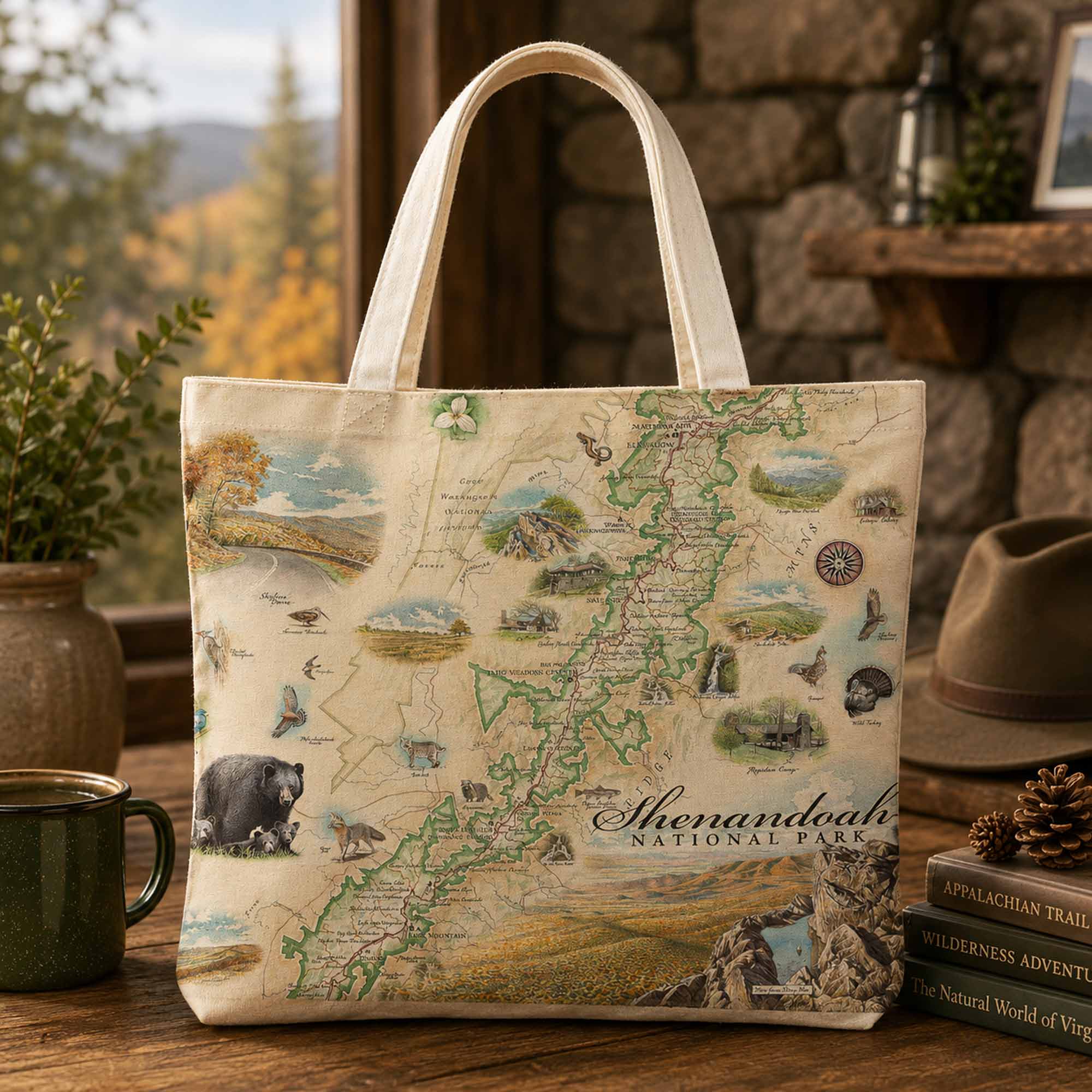 A canvas tote bag featuring a vintage-style map print of Shenandoah National Park with illustrated wildlife and scenic details, displayed on a rustic wooden table in a cozy lodge-like setting.