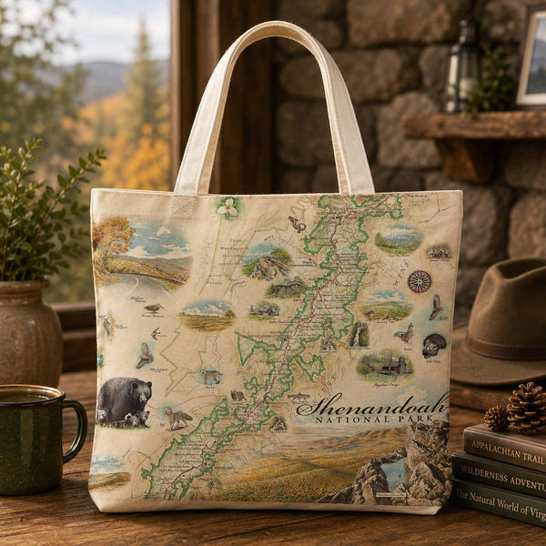 A canvas tote bag featuring a vintage-style map print of Shenandoah National Park with illustrated wildlife and scenic details, displayed on a rustic wooden table in a cozy lodge-like setting.