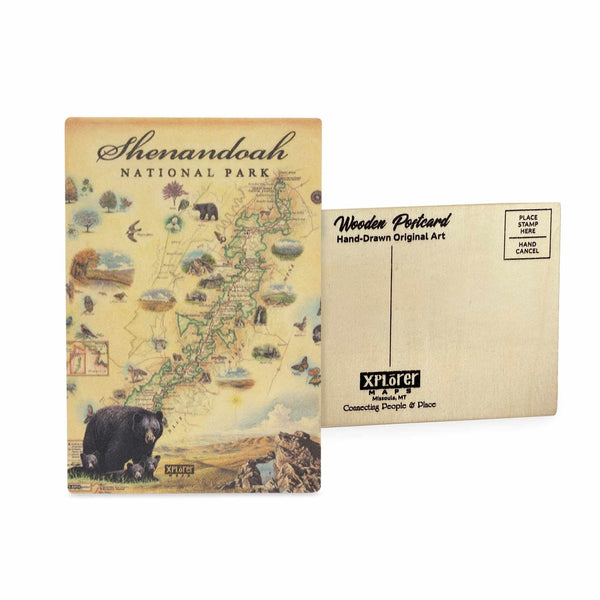 Shenandoah National Park Map wooden postcard in earth tone blues and greens featuring Skyline Drive, mountain landscapes, and native wildlife.
