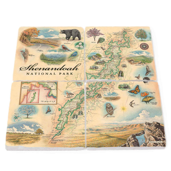 Image: Shenandoah National Park stone coasters showcasing popular attractions like Skyline Drive, Old Rag Mountain, Dark Hollow Falls, Hawksbill Summit, Big Meadows, and Rockfish, set against the backdrop of the stunning Blue Ridge Mountains. These coasters also celebrate the park's diverse flora, including oak-hickory forests and vibrant wildflowers, alongside its rich fauna, including white-tailed deer, black bears, red foxes, woodpeckers, owls, butterflies, and bluebirds.