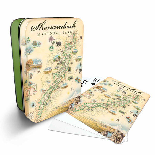 Shenandoah Nation Park Map Playing cards that features iconic attractions, flora and fauna of that area - Green Metal Tin