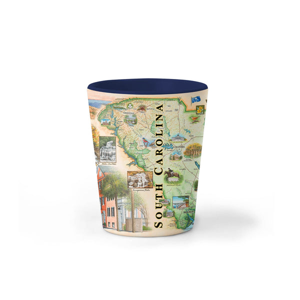 South Carolina Map Ceramic Shot Glass featuring detailed hand-drawn map artwork, showcasing the state's iconic landmarks and natural beauty.
