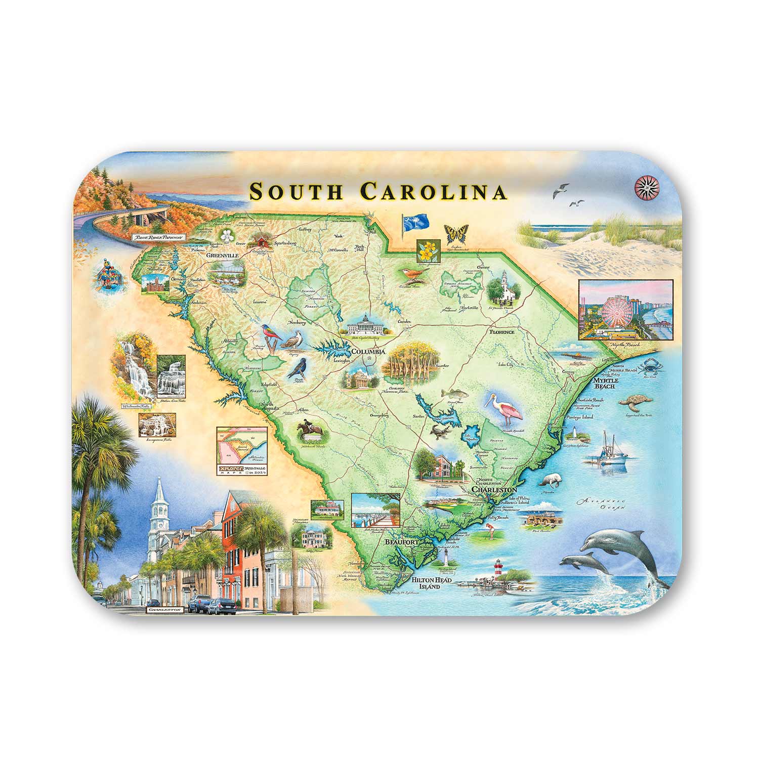Medium Rectangle Serving Tray Map of South Carolina with various attractions and landmarks on a white background