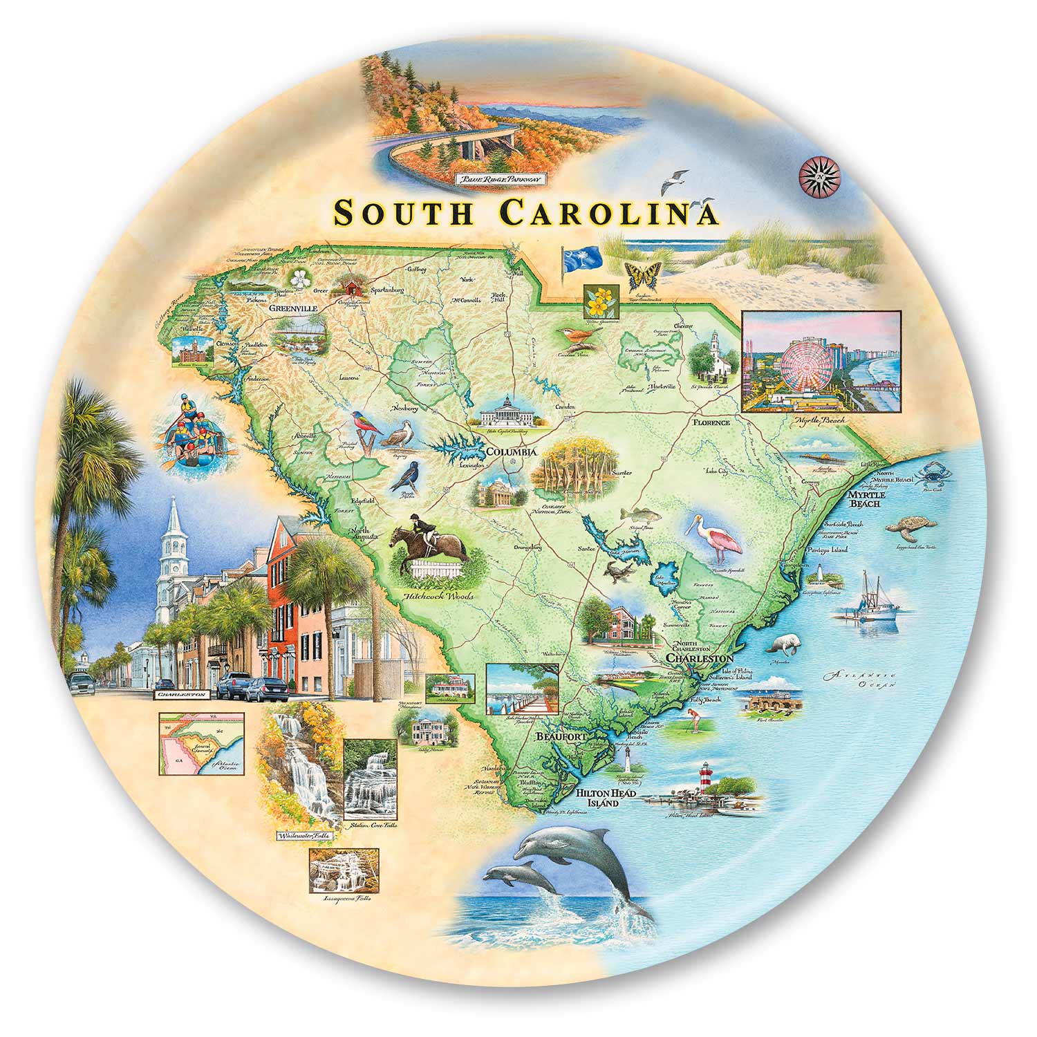 Large Round Serving Tray Map of South Carolina on a decorative plate with various icons and landmarks.