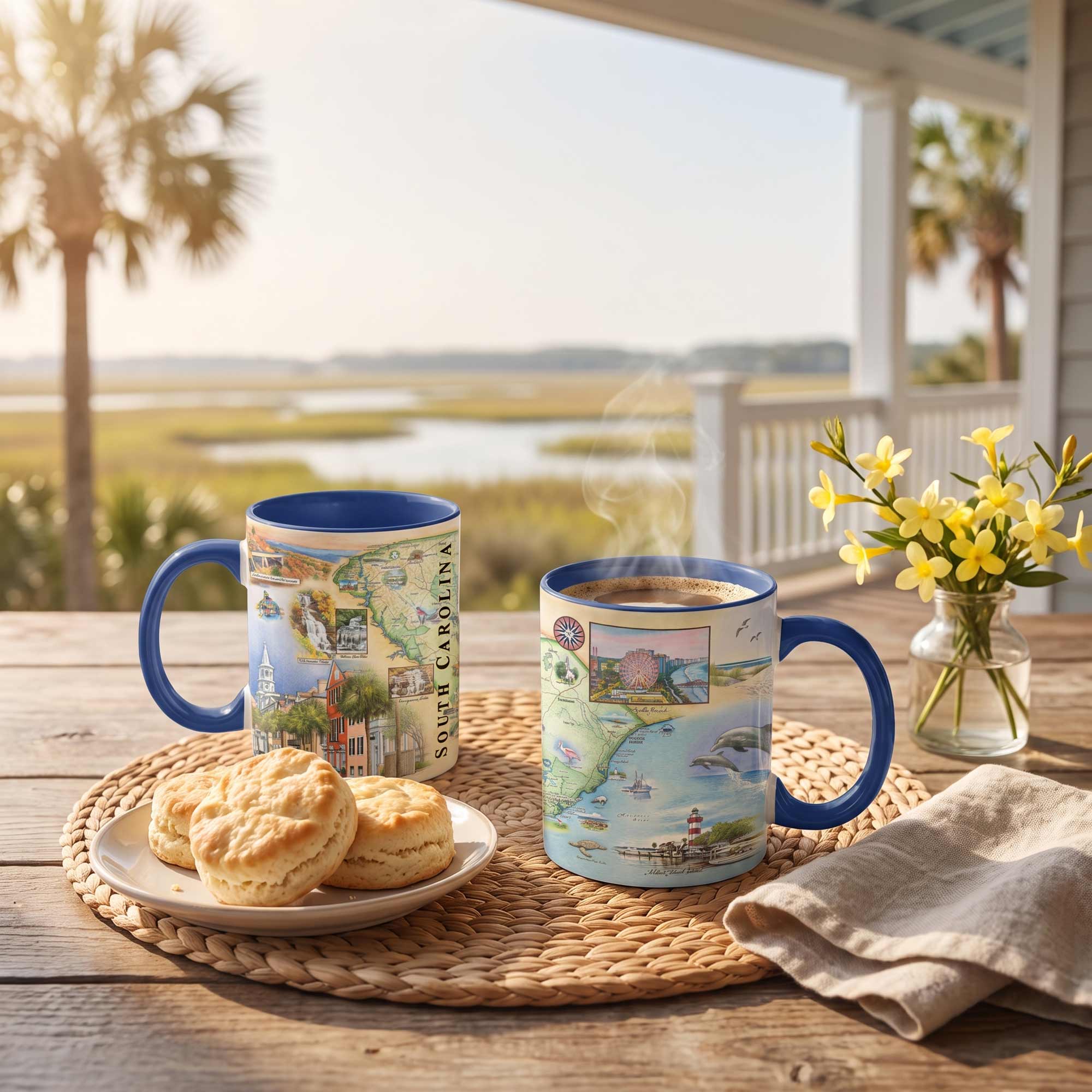 Two ceramic mugs with blue handles and rims are shown on a porch table, one with biscuits and one with steaming coffee, set against a scenic marsh background with palm trees and a vase of yellow flowers.