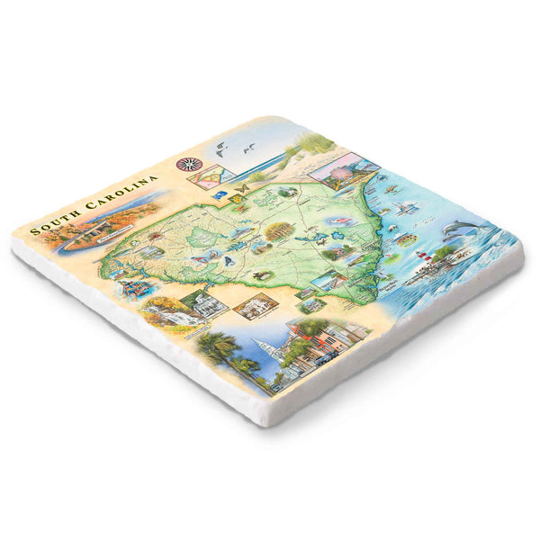 Hand-drawn illustrated marble trivet featuring South Carolina’s coastal landscapes, historic landmarks, and natural beauty. Includes cork backing for protection.