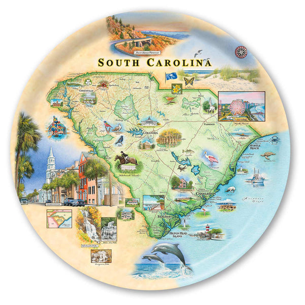 Large Round Serving Tray Map of South Carolina on a decorative plate with various icons and landmarks.