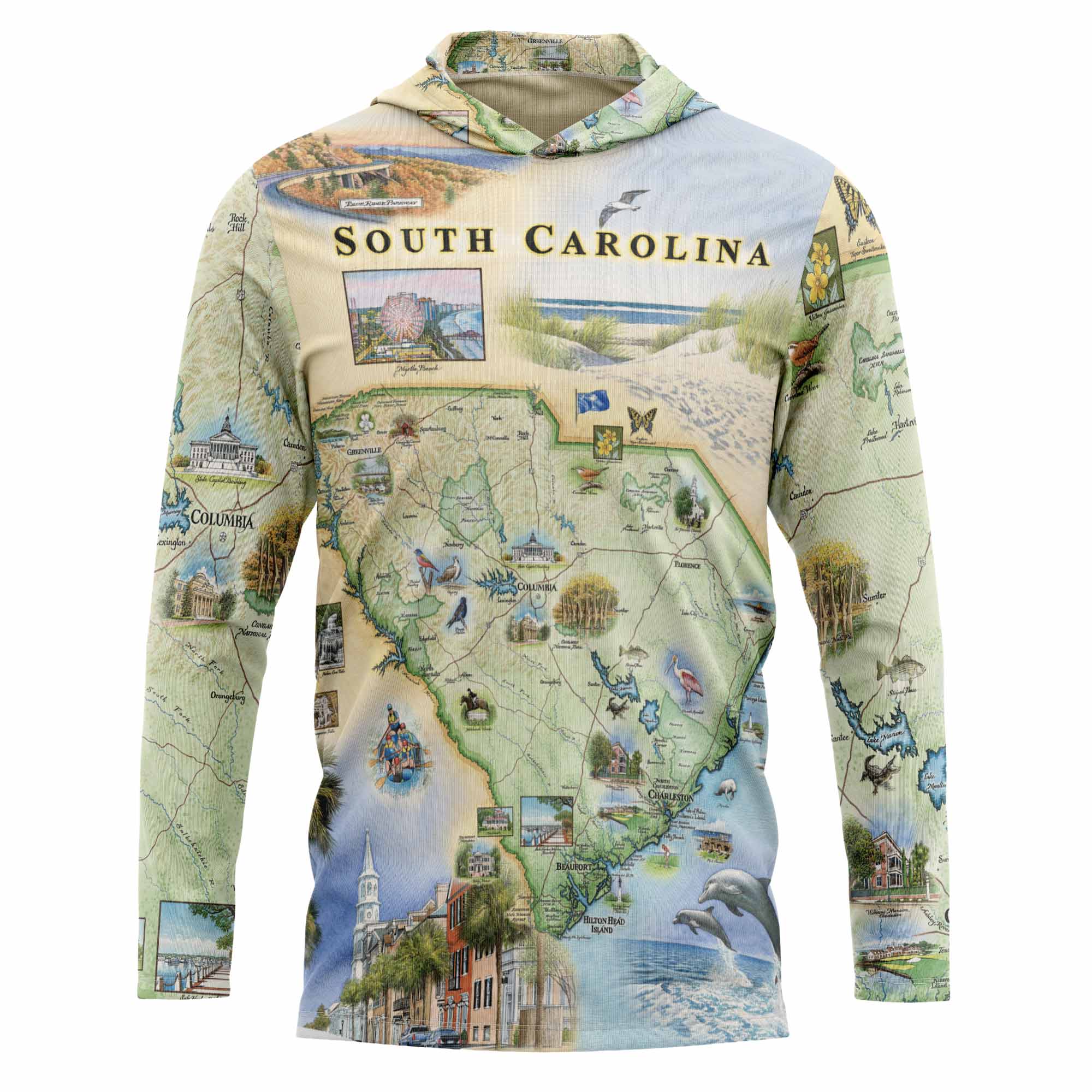 Hoodie with a map design of South Carolina on a white background