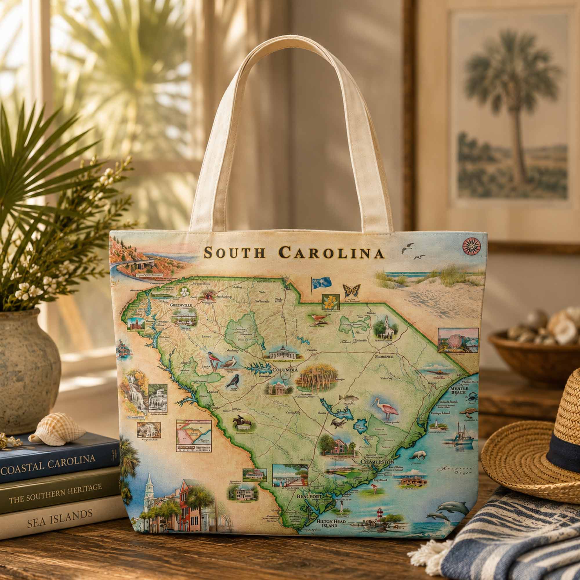 A canvas tote bag featuring a vintage-style illustrated map of South Carolina, displayed on a wooden table in a warm, coastal-themed setting with a straw hat, a striped towel, and books nearby.