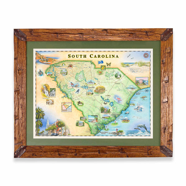 Montana Scraped Pine Frame with Green Mat of South Carolina map by Chris Robitaille features landmarks like Charleston, Myrtle Beach, Hilton Head Island, and Congaree National Park. Highlighting Columbia, Greenville, and more, this 24"x18" art print captures South Carolina's charm.