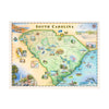 Hand-drawn South Carolina map by Xplorer Maps featuring iconic landmarks, cities, and native flora and fauna.