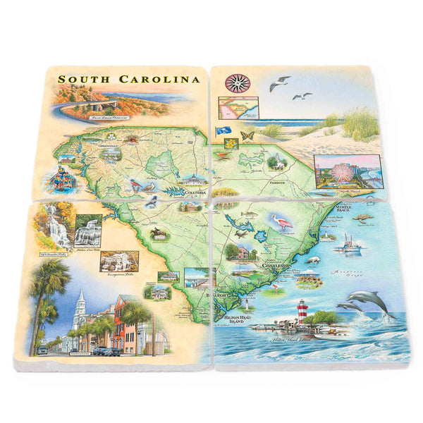 Hand-illustrated South Carolina state map natural stone coasters highlighting cities like Columbia and Greenville, and showcasing native flora and fauna, including palmetto trees, sea life, and native birds.