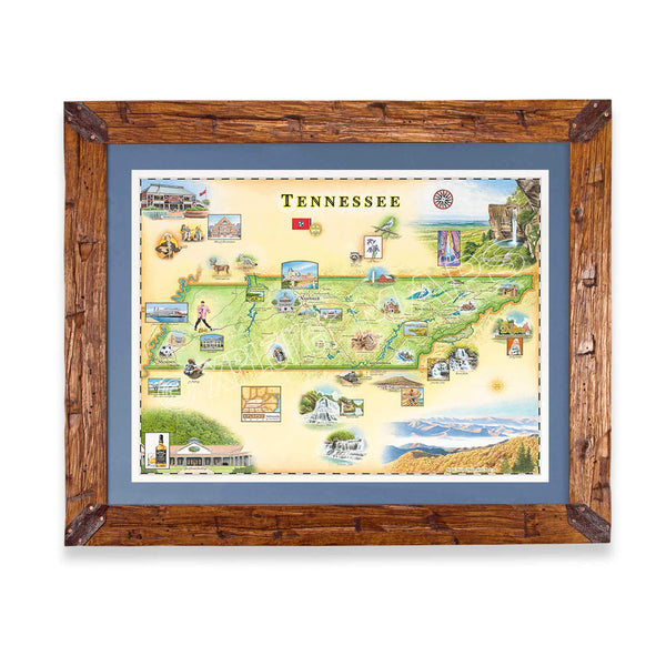  Hand-illustrated Tennessee map by Chris Robitaille features landmarks like the Great Smoky Mountains, Graceland, and Dollywood. Highlighting Nashville, Memphis, and more, this 24"x18" art print captures Tennessee's charm. Map is on a Montana  scraped pine with a blue mat. 