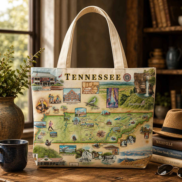 A canvas tote bag featuring a vintage-style illustrated map of Tennessee with the word 'TENNESSEE' across the top, displayed on a wooden table in a cozy indoor setting with books, a hat, sunglasses, and a mug nearby.