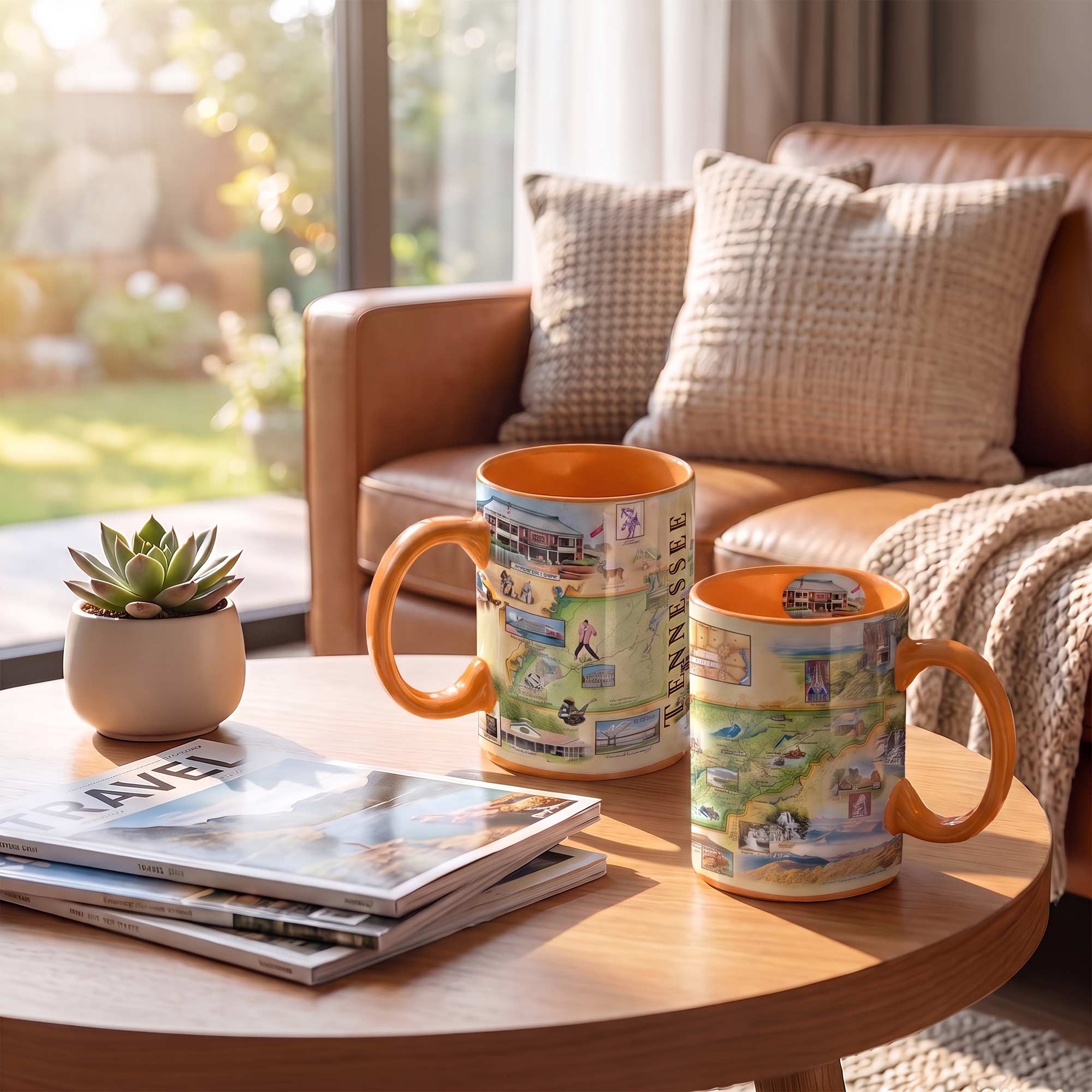 Two illustrated ceramic mugs with orange interiors and handles sit on a round wooden table in a sunlit living room. The mugs feature colorful scenic prints, and a small potted succulent and folded magazines are beside them.