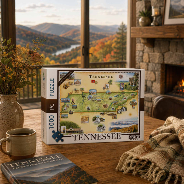 A 1000-piece jigsaw puzzle box labeled 'TENNESSEE' sits on a wooden table in a cozy living room setting with a fireplace, coffee mug, blanket, and a window view of autumn mountains.