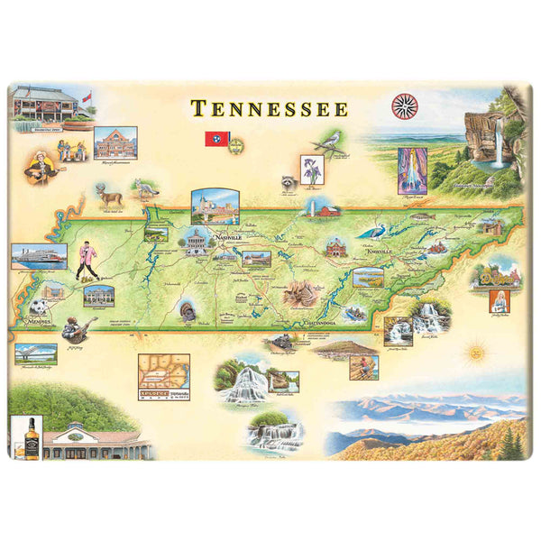 Tennessee Map Magnet featuring detailed hand-drawn illustrations of the state’s landmarks and natural beauty.