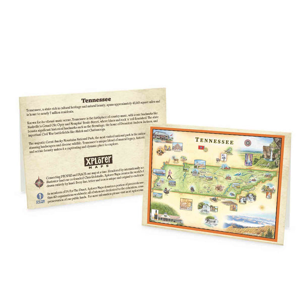 Tennessee Map Notecard featuring detailed hand-drawn illustrations of the state’s landmarks, rivers, and landscapes.