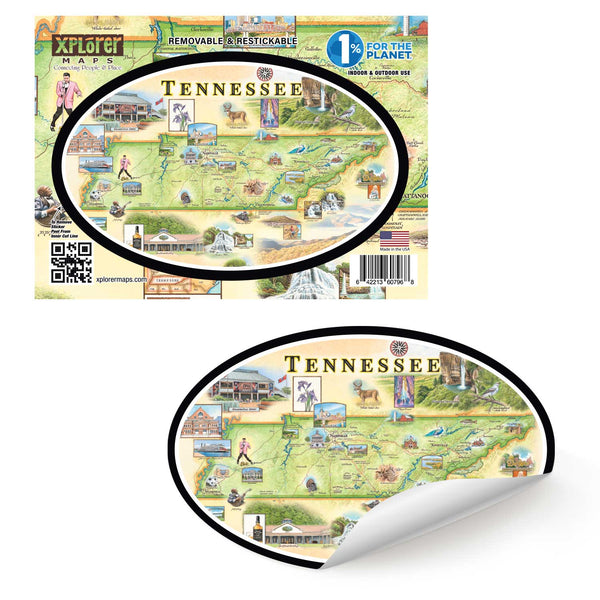 Tennessee State map sticker. Featuring Elvis  BB King, Dollywood, and more.