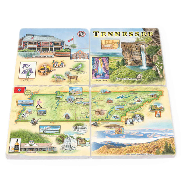 Hand-illustrated Tennessee state map natural stone coasters featuring landmarks like the Great Smoky Mountains, Graceland, and Dollywood, highlighting Nashville, Memphis, and more.