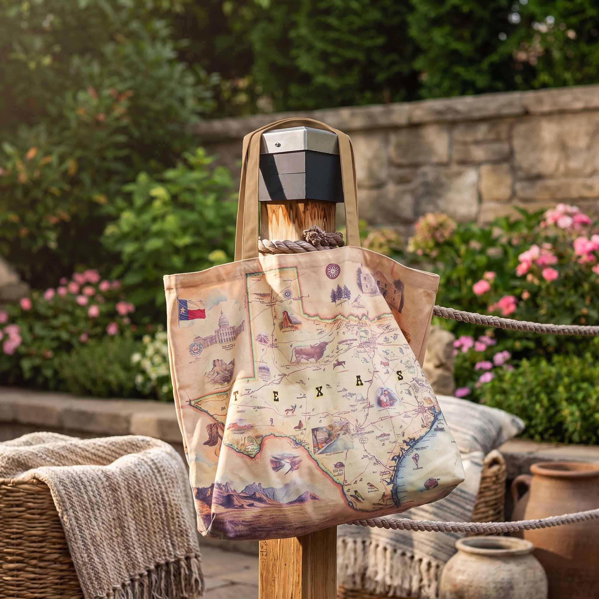 A canvas tote bag printed with a vintage-style Texas map hangs from a wooden post in an outdoor garden setting with stone walls, rope, and plants in the background.
