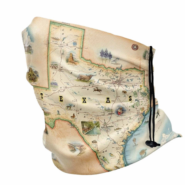 Neck gaiter with vintage map design of Texas on a white background