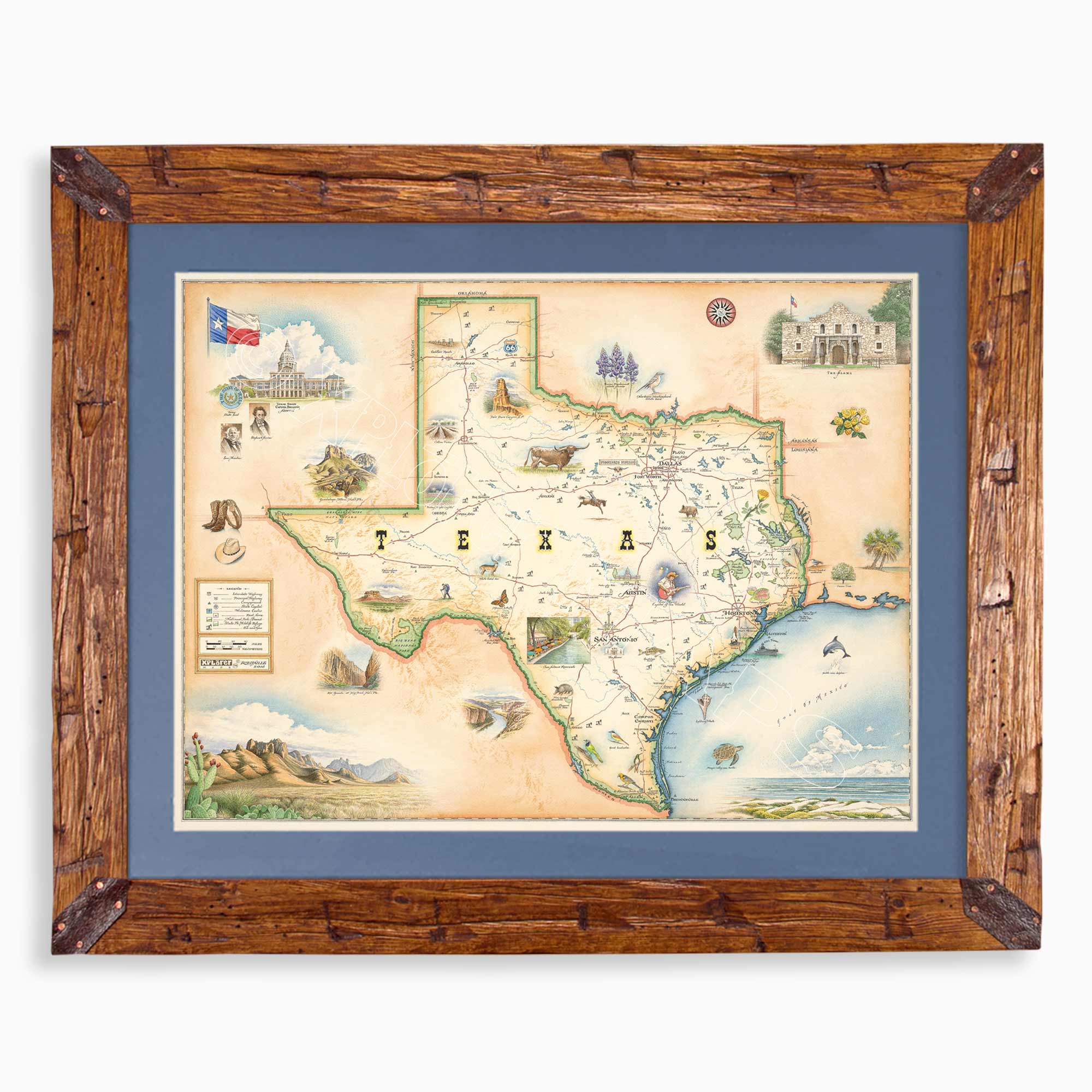 A framed vintage-style map of Texas, featuring illustrated landmarks, a Texas state outline, and surrounding coastal details, mounted with a blue mat and a rustic brown wooden frame.