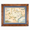 A framed vintage-style map of Texas, featuring illustrated landmarks, a Texas state outline, and surrounding coastal details, mounted with a blue mat and a rustic brown wooden frame.