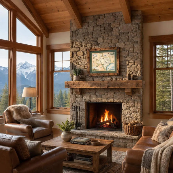 A cozy rustic living room with a large stone fireplace, wood ceiling beams, and mountain views through tall windows. The room includes leather armchairs, a wooden coffee table, a lamp, and framed wall art above the fireplace.
