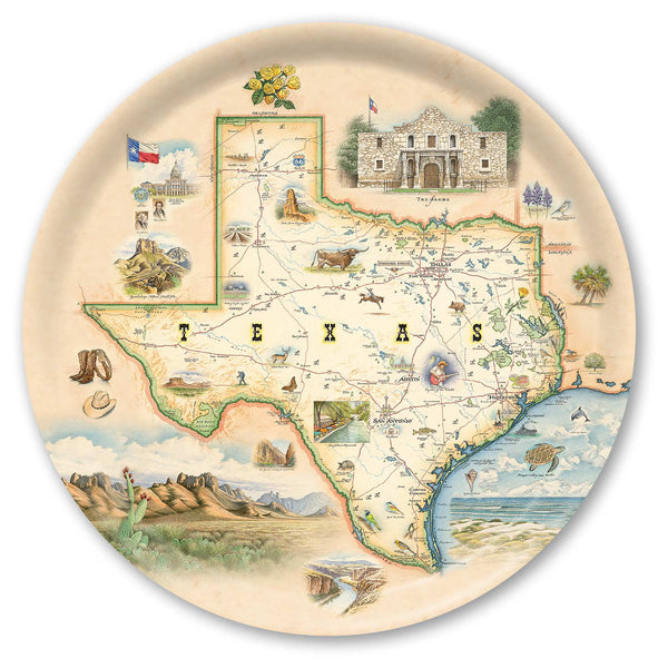 Round  Serving Tray with a map of Texas featuring various icons and landmarks.