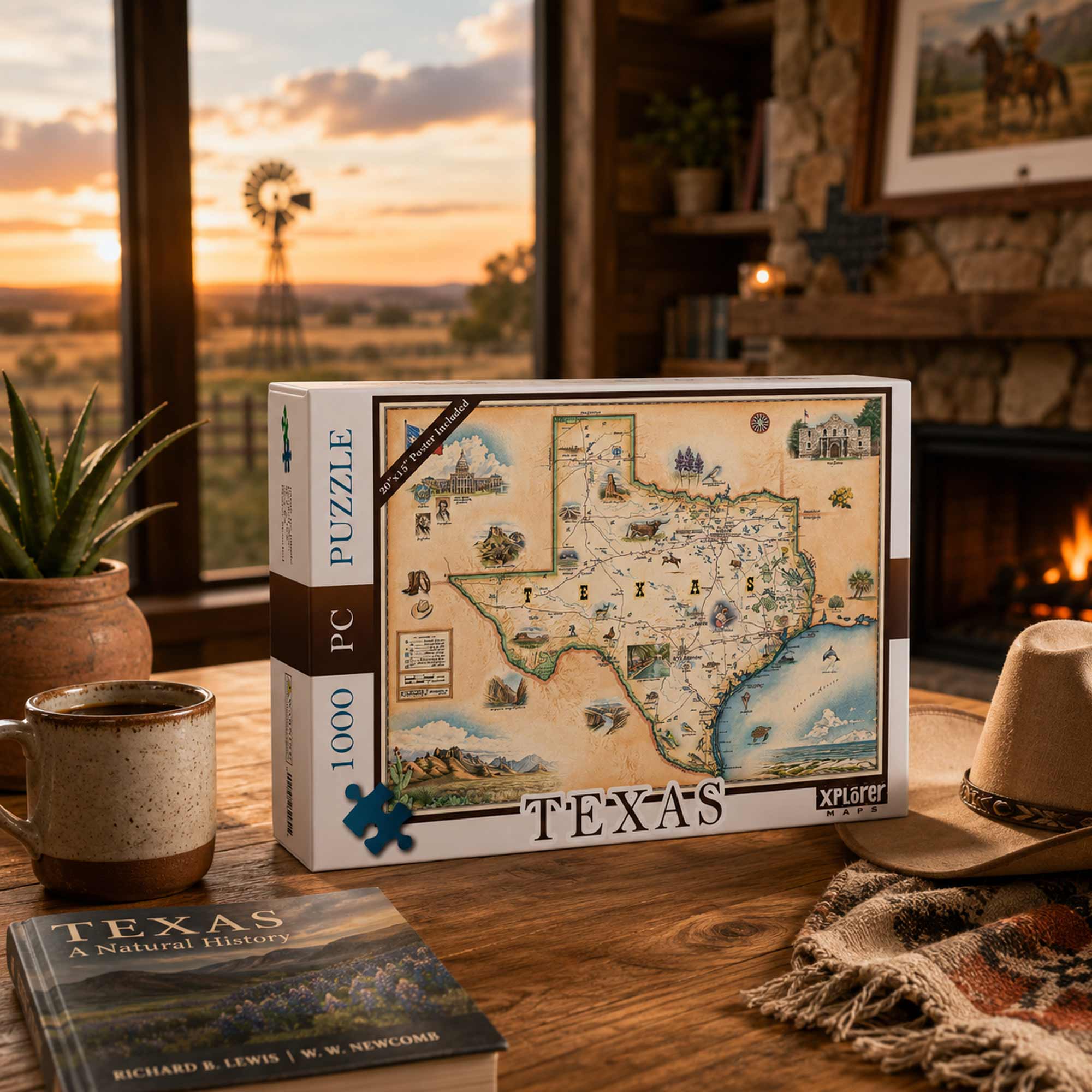 A 1000-piece jigsaw puzzle box featuring a vintage-style illustrated map of Texas, displayed on a rustic wooden table in a cozy living room setting with a mug, hat, and fireplace in the background.