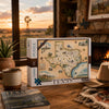 A 1000-piece jigsaw puzzle box featuring a vintage-style illustrated map of Texas, displayed on a rustic wooden table in a cozy living room setting with a mug, hat, and fireplace in the background.