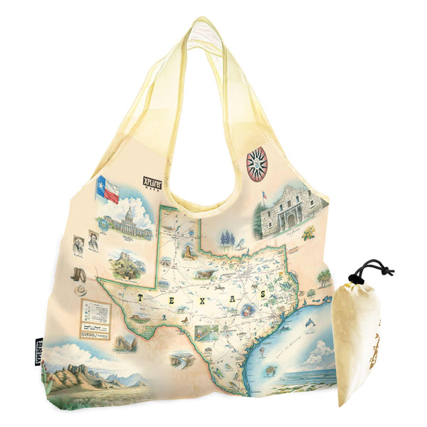 Texas State Map Pouch Tote Bags by Xplorer Maps. The map features illustrations of places such as the Alamo, San Antonio Riverwalk, and Guadalupe National Park. Flora and fauna include Venus flytraps, longhorns, Monarch butterflies, and armadillos.