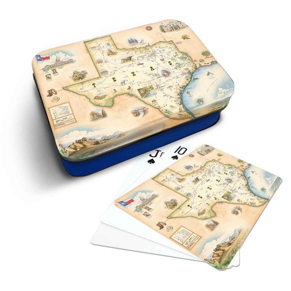Texas State Map Playing cards that features iconic attractions, flora and fauna of that area - Blue Metal Tin
