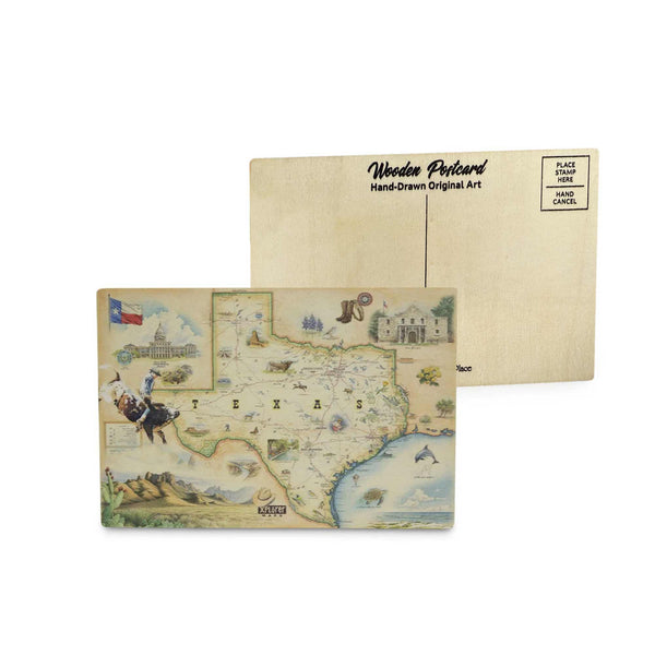 Texas State Map wooden postcard in earth tone colors featuring hand-drawn illustrations of cities, landmarks, regional wildlife, and cultural icons.