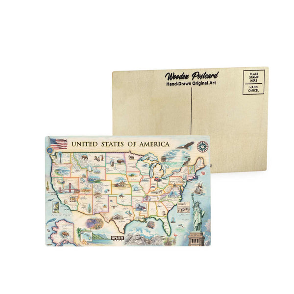 USA Map wooden postcard in earth tone colors featuring hand-drawn illustrations of famous landmarks, natural wonders, and American wildlife.