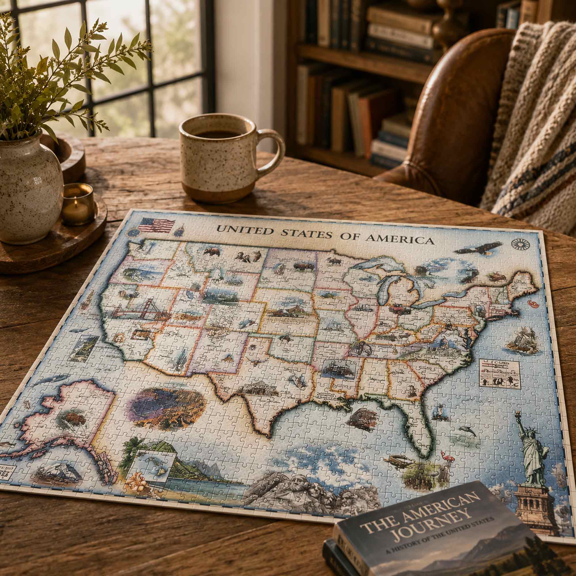 A completed jigsaw puzzle of the United States map spread on a rustic wooden table, styled with a ceramic mug, a potted plant, and a book titled 'The American Journey' in a cozy indoor setting.