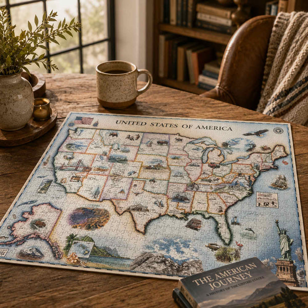 A completed jigsaw puzzle of the United States map spread on a rustic wooden table, styled with a ceramic mug, a potted plant, and a book titled 'The American Journey' in a cozy indoor setting.