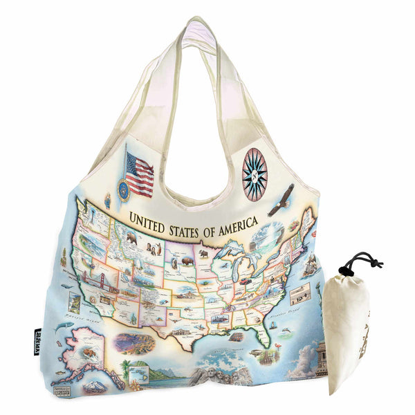 United State of America Map Pouch Tote Bags by Xplorer Maps. The map features illustrations of significance from each state in the United States of America. Including a bald eagle, Elvis, bison, the Golden Gate Bridge, the Space Needle, Niagara Falls, and the Alamo. 